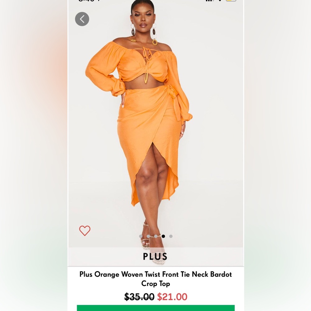 Plus Orange Woven Twist Front Tie Neck Bardot
Crop Top and wrap skirt
